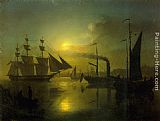 Moonlit Canvas Paintings - The Moonlit Harbour